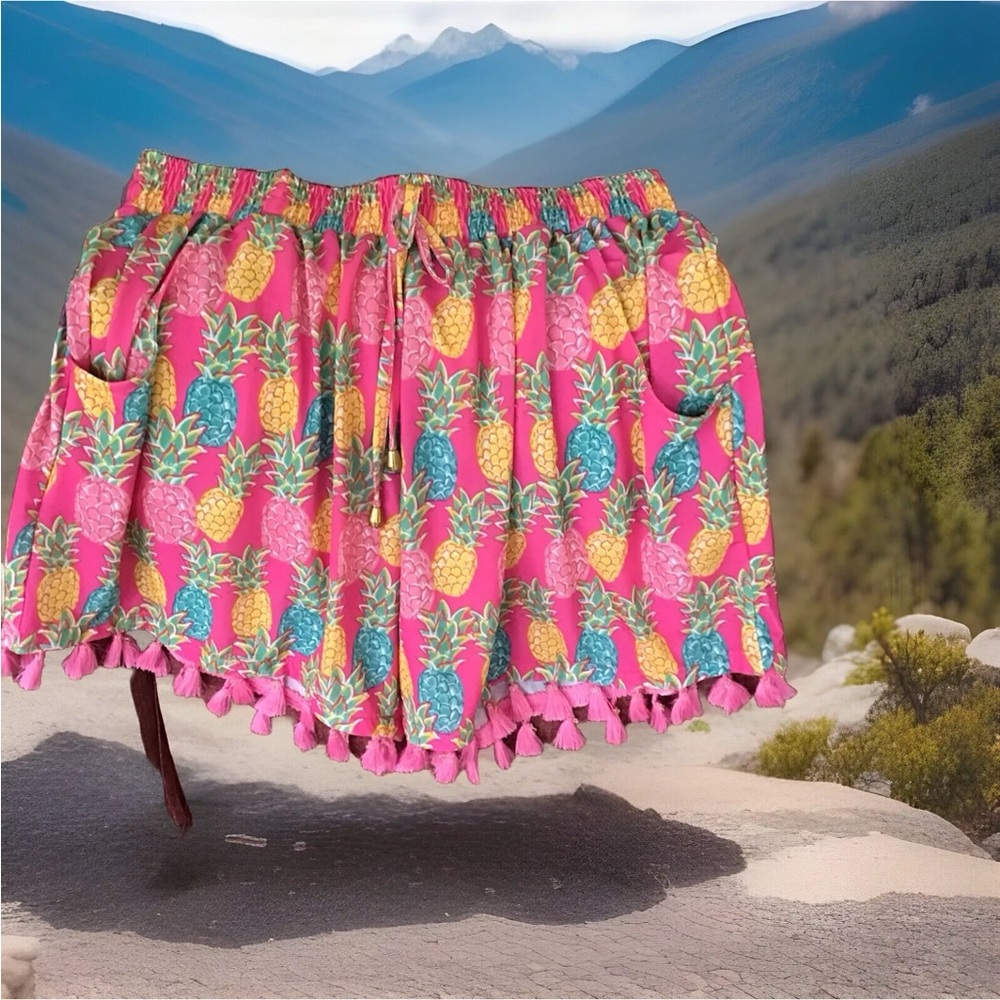 Simply Southern Pineapple Tassels Shorts Pink Pockets Fringe Womens Size L/XL
